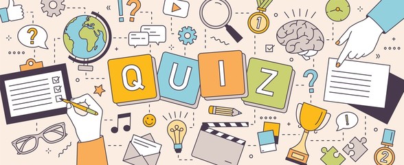 Horizontal banner with hands of people solving puzzles or brain teasers and answering quiz questions. Team intellectual game to test intelligence or intellect. Vector illustration in line art style.