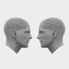 two male heads with brains facing each other. Minimalistic abstract art. Communication concepts. 3d rendering illustration