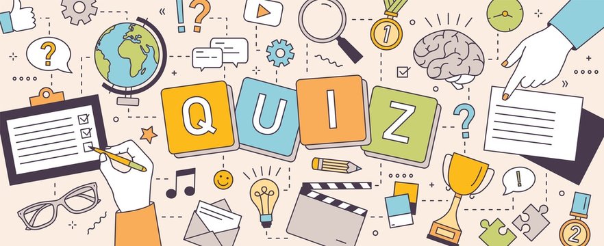 Horizontal banner with hands of people solving puzzles or brain teasers and answering quiz questions. Team intellectual game to test intelligence or intellect. Vector illustration in line art style.
