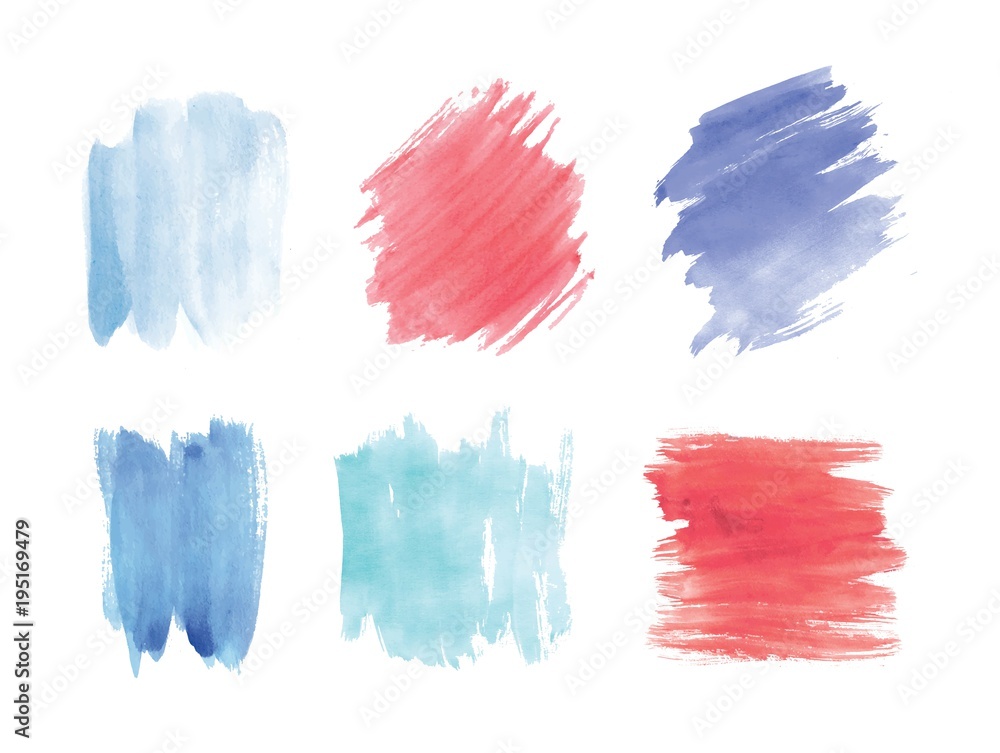 Poster collection of smears or blots hand painted with watercolor isolated on white background. bundle of a