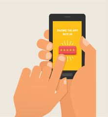 We want your Feedback illustration concept. Hand want to give five star rating on smartphone. Banner for business, promotion and advertising. flat vector illustration