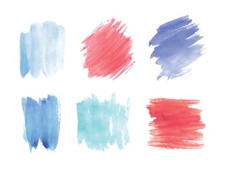 Collection of smears or blots hand painted with watercolor isolated on white background. Bundle of artistic paint traces of various colors. Set of aquarelle backdrops. Colorful vector illustration.