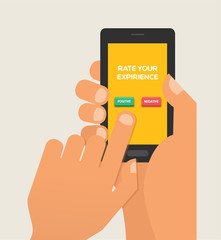 We want your Feedback illustration concept. Hand want to give five star rating on smartphone. Banner for business, promotion and advertising. Flat vector illustration