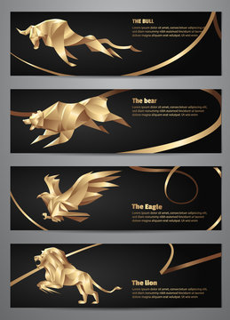 Set Of Gold Animal Banners, Vector Illustration.