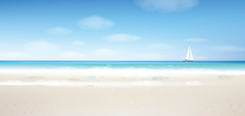 Vector sea view with  yacht, blue  sky and sandy beach.