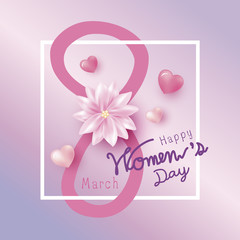8 march happy womens day design of flower and pink heart with line frame vector illustration