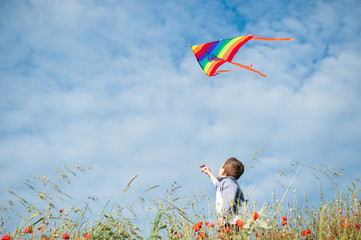 little caucasian boy holds string of kite flying in blue sky with clouds in summer with copyspace