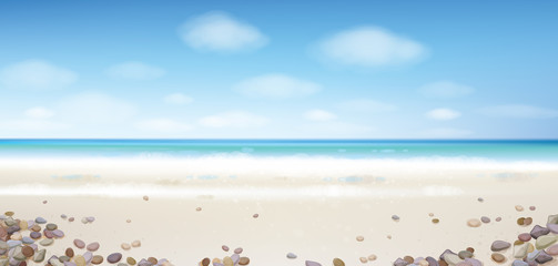Vector  ocean with blue  sky and sandy beach and stones.