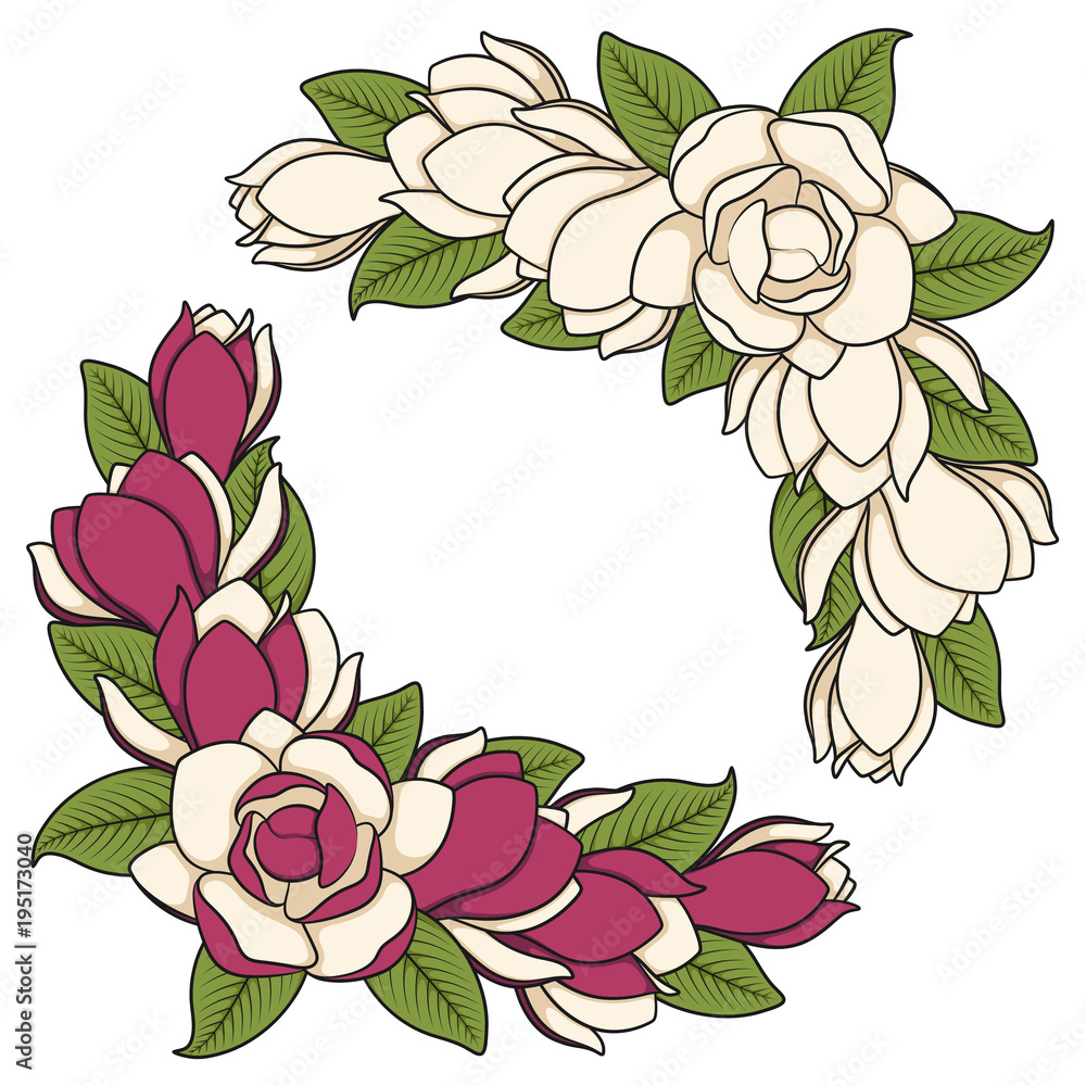Poster set of colored illustration of flowering magnolia branches. isolated vector objects on white backgro