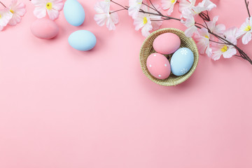 Table top view shot of arrangement decoration Happy Easter holiday background concept.Flat lay...