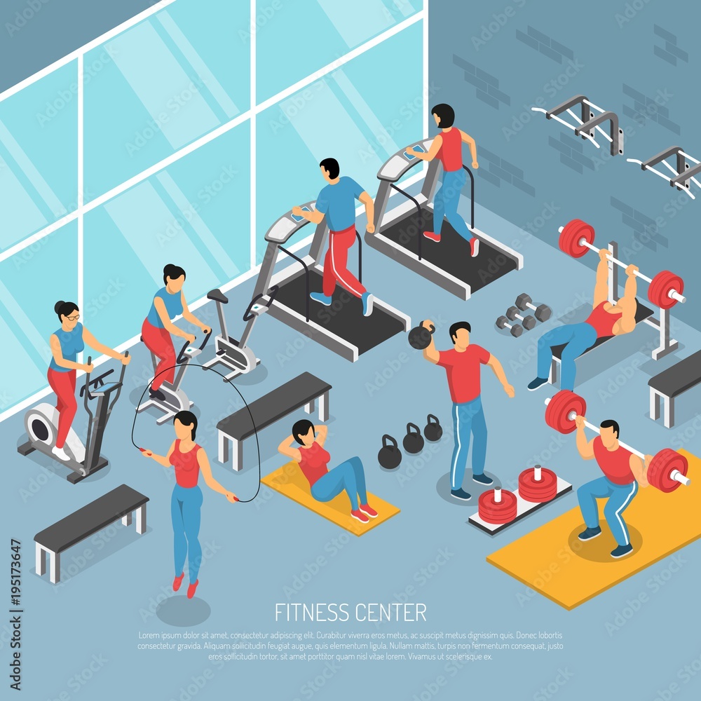 Sticker fitness center interior isometric poster