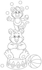 Circus bear and monkey juggling with color balls, a black and white vector illustration in a cartoon style for a coloring book