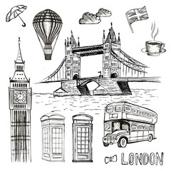 London Doodles. Vector hand drawn illustration with London symbols