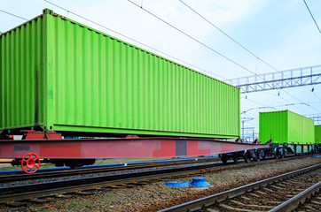 Fototapeta na wymiar Transportation of cargoes by rail in containers. Railway infrastructure background
