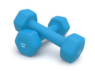 Two matte dumbbells of blue color isolated on white with light shadow background 3d illustration