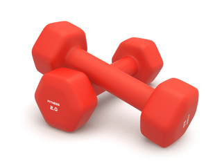 Two matte dumbbells of red color isolated on white with light shadow background 3d illustration