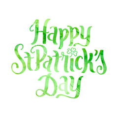 ST PATRICK’S DAY hand lettering banner with green watercolor texture