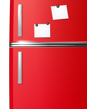 Red refrigerator with paper stickies for your messages