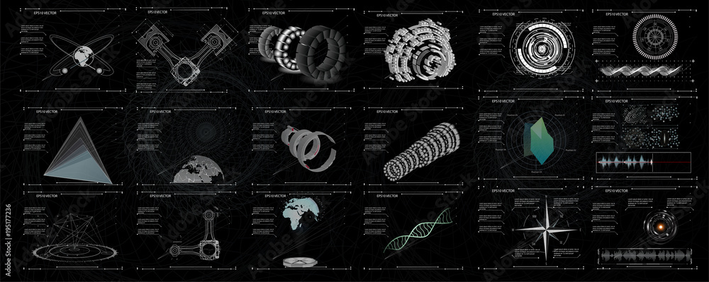 Poster Set of black and white infographic elements. Head-up display elements for the web and app. Futuristic user interface. Virtual graphic.