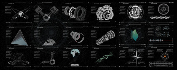 Set of black and white infographic elements. Head-up display elements for the web and app. Futuristic user interface. Virtual graphic.