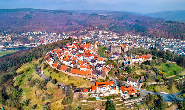Aerial view of Dilsberg, a town with a castle on the top of a hill surrounded by a Neckar river loop. Germany
