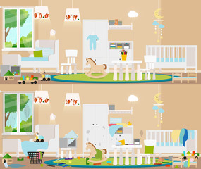 Children's interior. Dirty, cluttered room in complete disarray and clean room. Vector flat illustration.