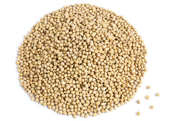 A lot of soybeans pile isolated on white background with copy space for text. Concept food for healthy. Soybean is a leguminous plant native to Asia, widely cultivated for its edible seeds.