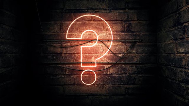 Question mark neon sign on brick wall, conceptual 3d rendering animation for test, exam and looking for answers perplexed situation