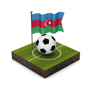 Azerbaijan flag football concept. Flag, ball and soccer pitch isometric icon. 3D Rendering