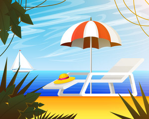 Fototapeta na wymiar Summer web banner, background for travel. Tropical landscape with palm tree, beach umbrella and deckchair, yacht sail, ocean. Vacation, Holiday Weekend. Close up on sea sand. Vector illustration.