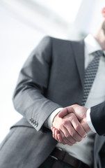 Friendly smiling businessmen handshaking. Business concept photo