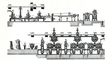 Papermaking machine - up forming section or wet end, down drying section  (from Meyers Lexikon, 1896, 13/484/485)
