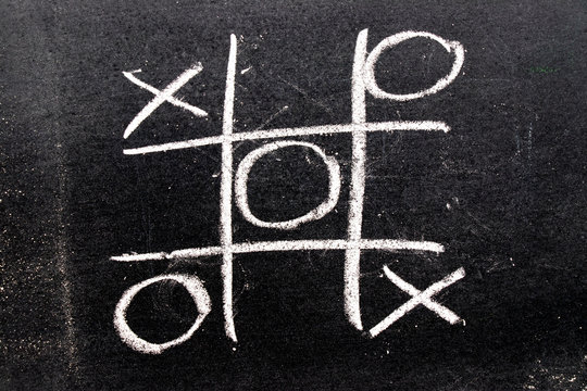 White color hand drawing as tic tac toe game shape on blackboard background