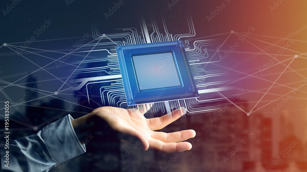 Poster processor chip and network connection - 3d render