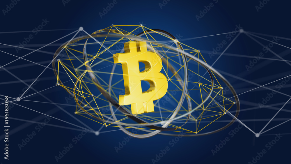 Aufkleber bitcoin crypto currency sign flying around a network connection - 3d render