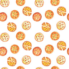 Watercolor hand drawn sketch illustration seamless pattern background with pizza with different fillings isolated on white