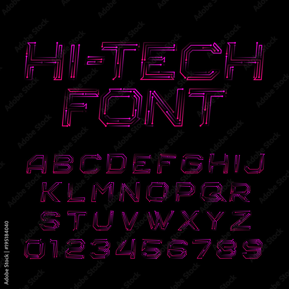 Fototapete hi-tech alphabet font. circuit effect letters and numbers. stock vector typeface for your design.
