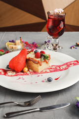 Exclusive dessert served on white plate