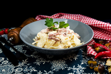 tasty Carbonara pasta on the table