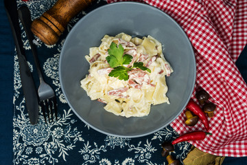 tasty Carbonara pasta on the table