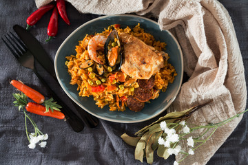 Prawn with rice - closeup of prawn with rice - traditionnal spanish food paella