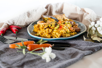 Prawn with rice - closeup of prawn with rice - traditionnal spanish food paella
