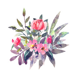 Watercolor flowers, leaves. Bouquet