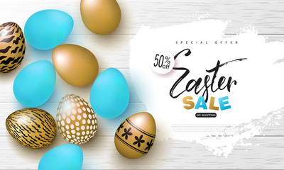Happy Easter sale banner.Background with beautiful gold and blue eggs on wooden texture. Vector illustration for posters, coupons, promotional material.