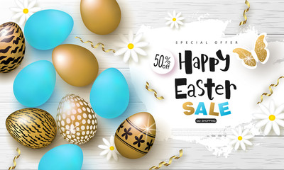 Happy Easter sale banner.Background with beautiful eggs,flowers,butterfly and serpentine on wooden texture. Vector illustration for posters, coupons, promotional material.