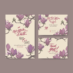 Set of three original attractive wedding cards based on magnolia flower color sketch and brush calligraphy.