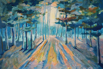 Obrazy  Malowanie pięknego zimowego lasu. Światło słoneczne w lesie Malowanie akrylem i pełnym spektrum na płótnie i tekturze