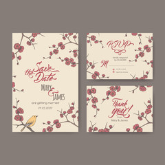 Set of three original attractive wedding cards based on blooming plum branch sketch and brush calligraphy.