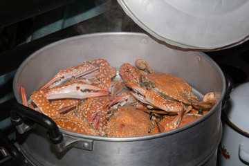 Steamed crabs in the steamer on Hot Smoke Background