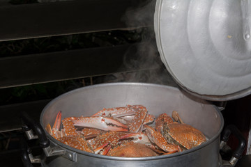 Steamed crabs in the steamer on Hot Smoke Background